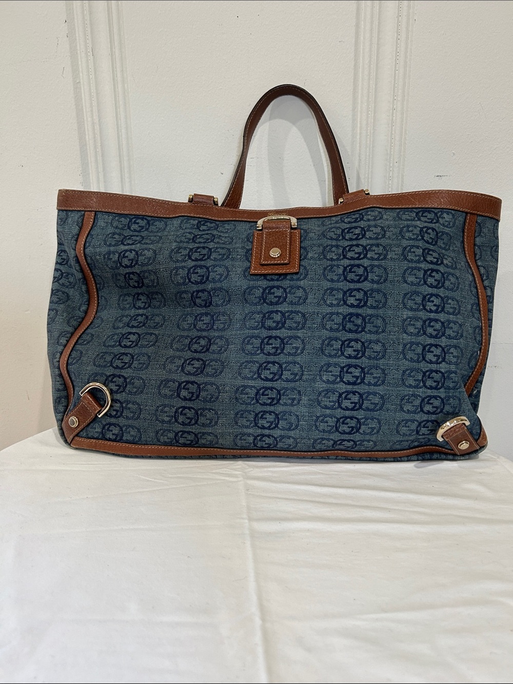 Designer-Style Blue Denim Tote with Brown Leather Trim